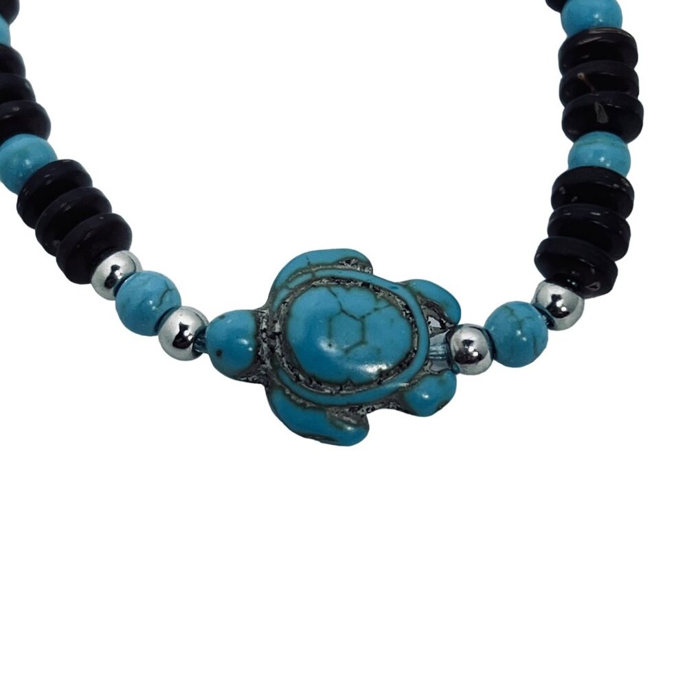 Brown Bead And Blue Faux Turquois Turtle Adjustable Ankle Bracelet (5497) - Picture 2 of 6